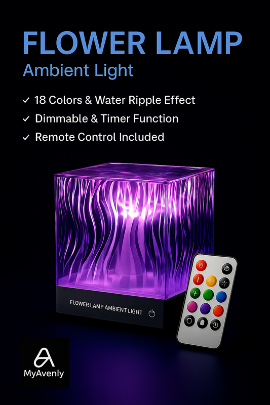 AuraBloom™ – 18-Color Water Ripple Flower Lamp with Remote & Timer | Romantic Ambient Light for Bedroom Décor